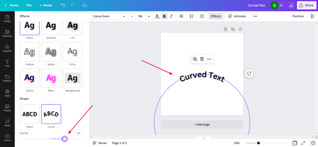How do you curve text in Canva?