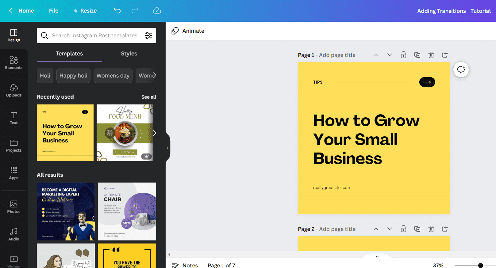 how to add transitions to canva