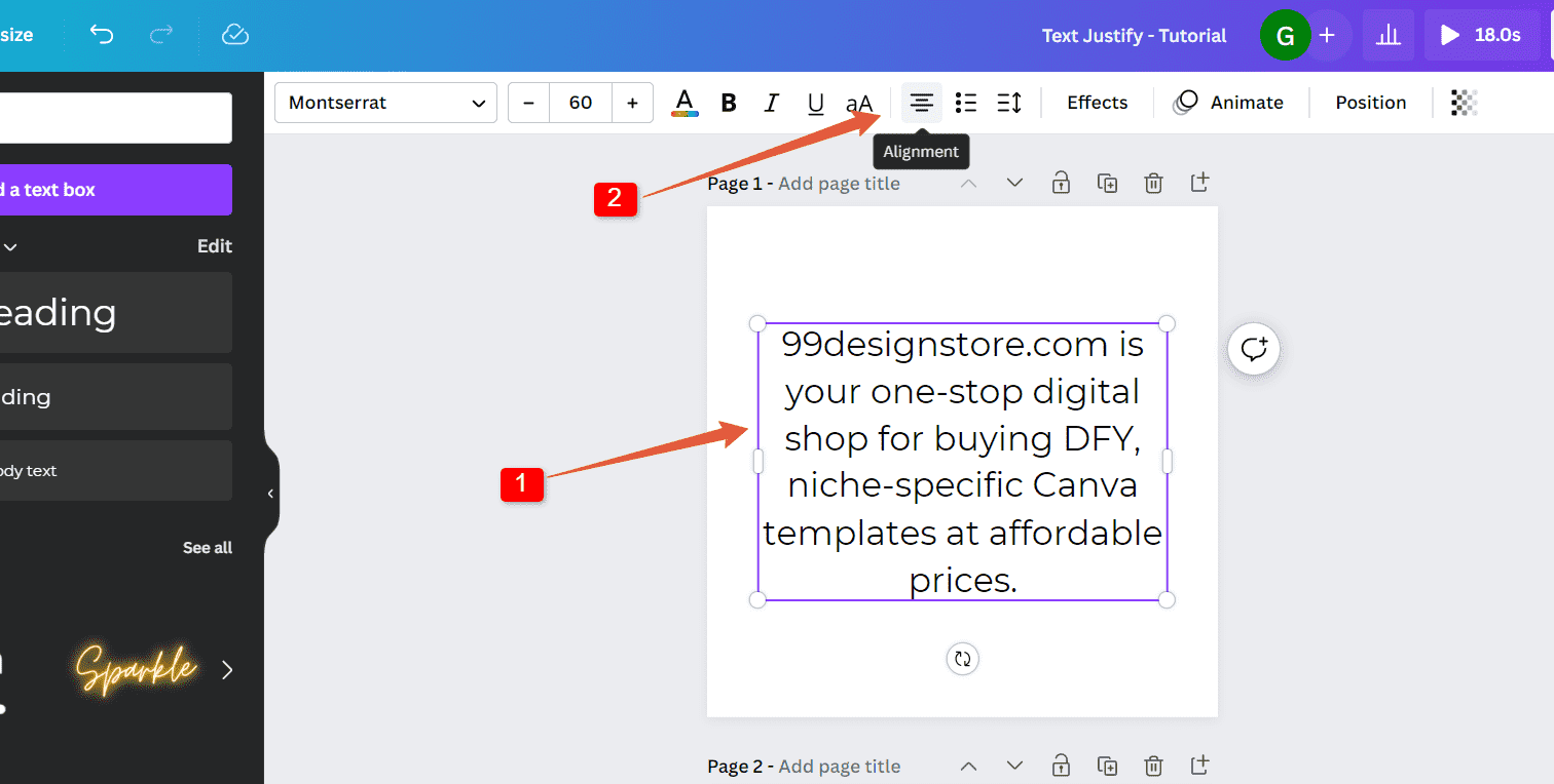 how to justify text on canva