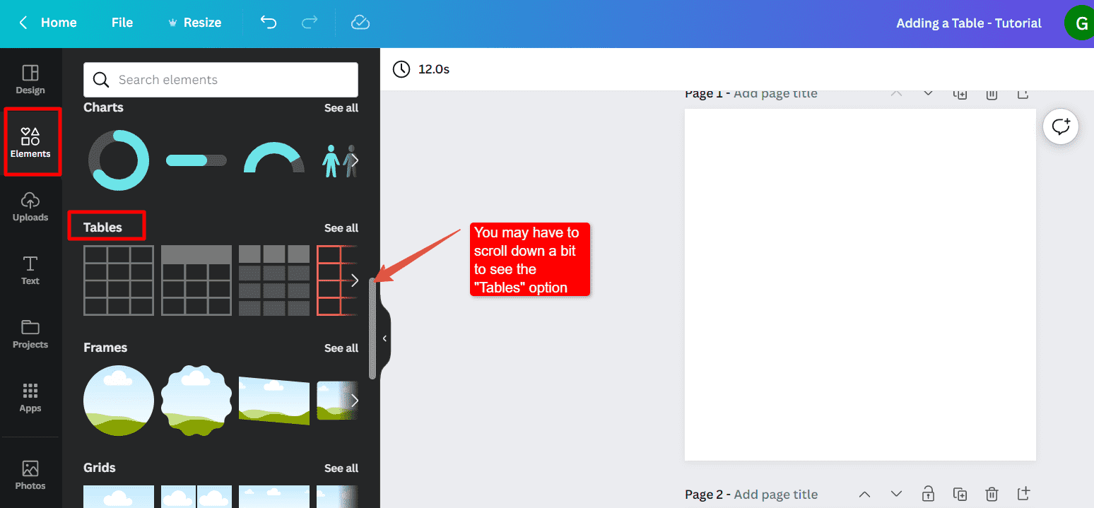 how to add a table in canva