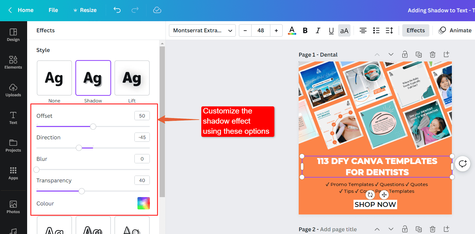 how to add shadow to text canva