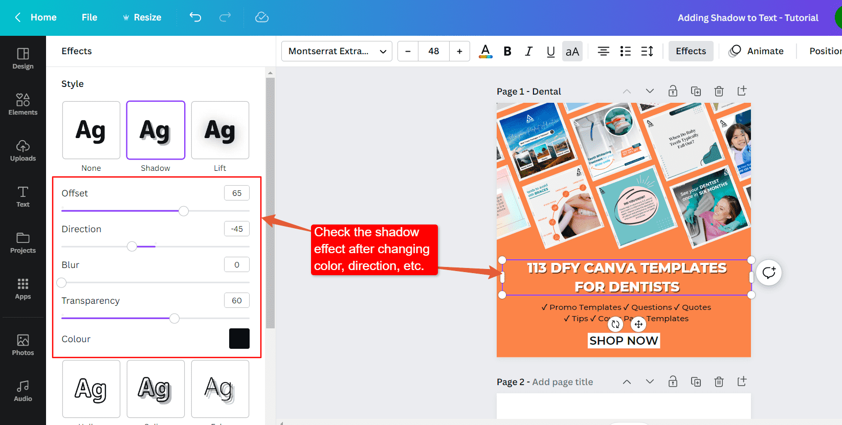how to add shadows to text in canva
