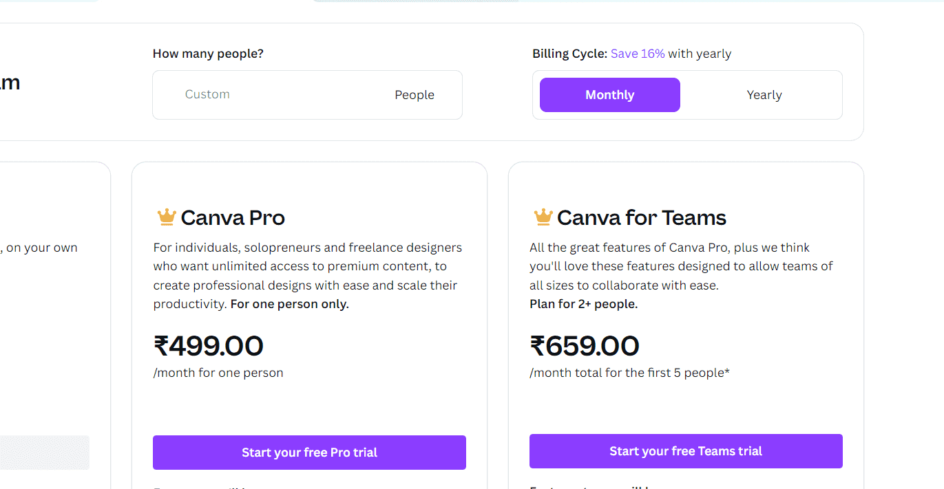 Canva Pro and Teams price for India