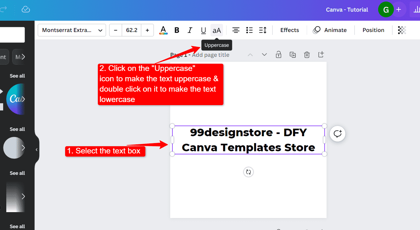 make text box lower case in canva